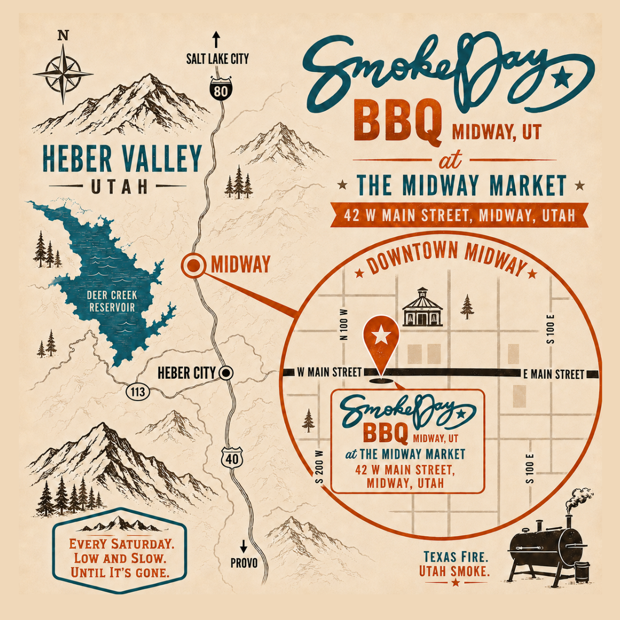 Map of Heber Valley, Utah with Smoke Day BBQ branding and Mideway Market location details.